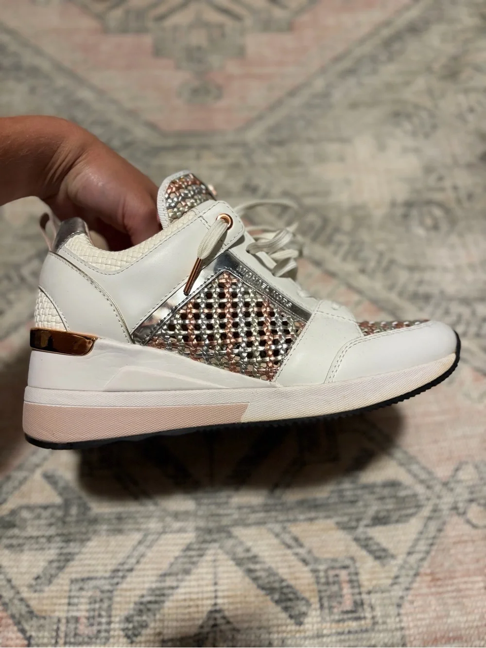 Michael Kors White Sneakers with Rose Gold and Cream Woven Panels